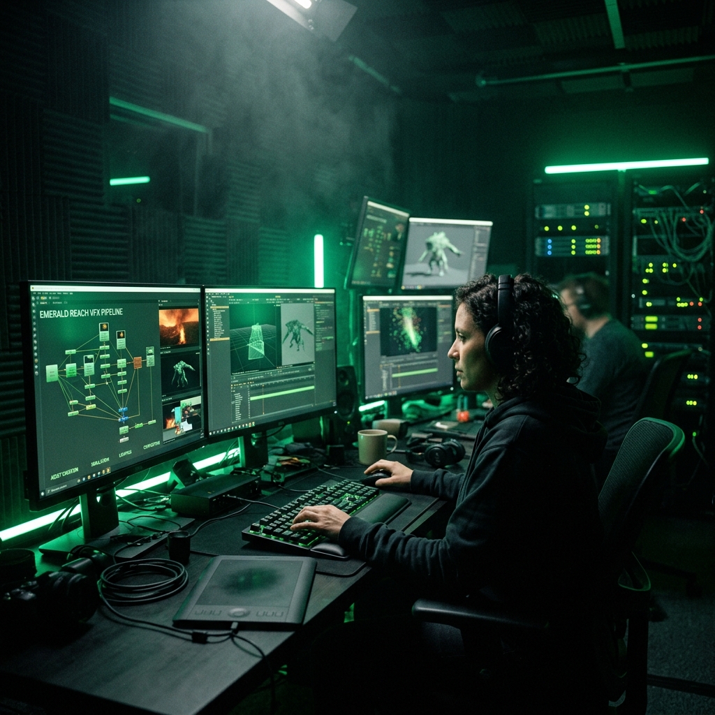 Pipeline de render de Warex 3D — sala de servidores con monitores y luz esmeralda
